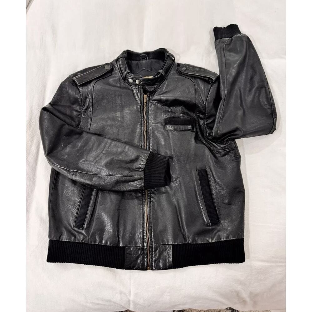 Cooper Collection Bomber Cafe Racer Biker Leather Black Jacket Size Men's 44 - Picture 5 of 16